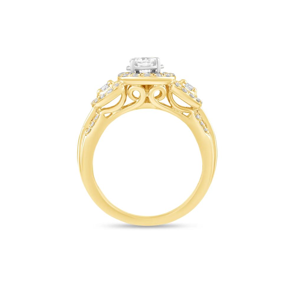 Diamond Round Halo Three-Stone Ring in 14K Yellow &amp; White Gold (1 ct. tw.) – Image 2 of 4