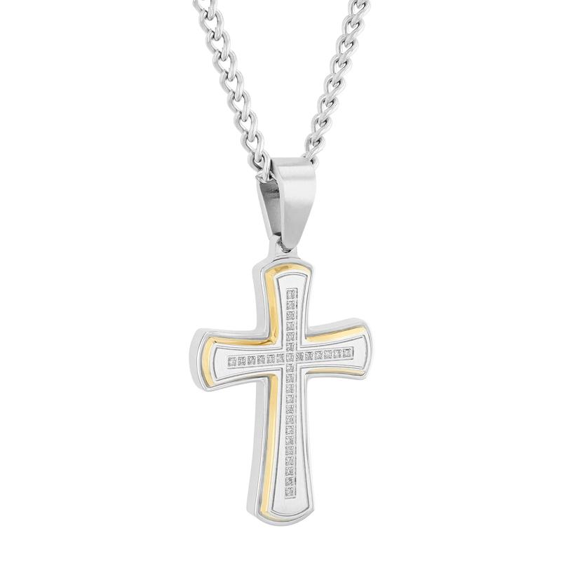 Diamond Cross Pendant in Stainless Steel and Yellow Ion-Plated Stainless Steel – Image 2 of 4