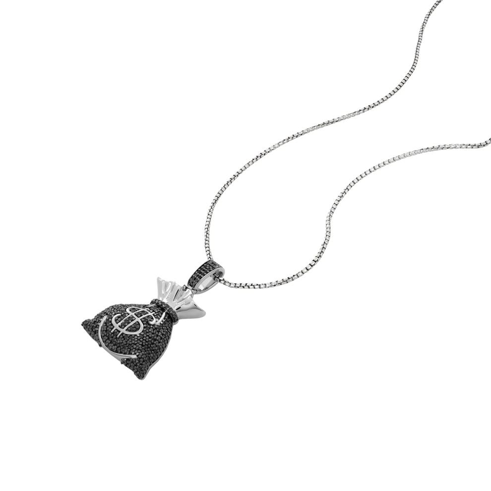Men's Black Diamond Money Bag Pendant Necklace in Sterling Silver (1/2 ct. tw.) – Image 4 of 4