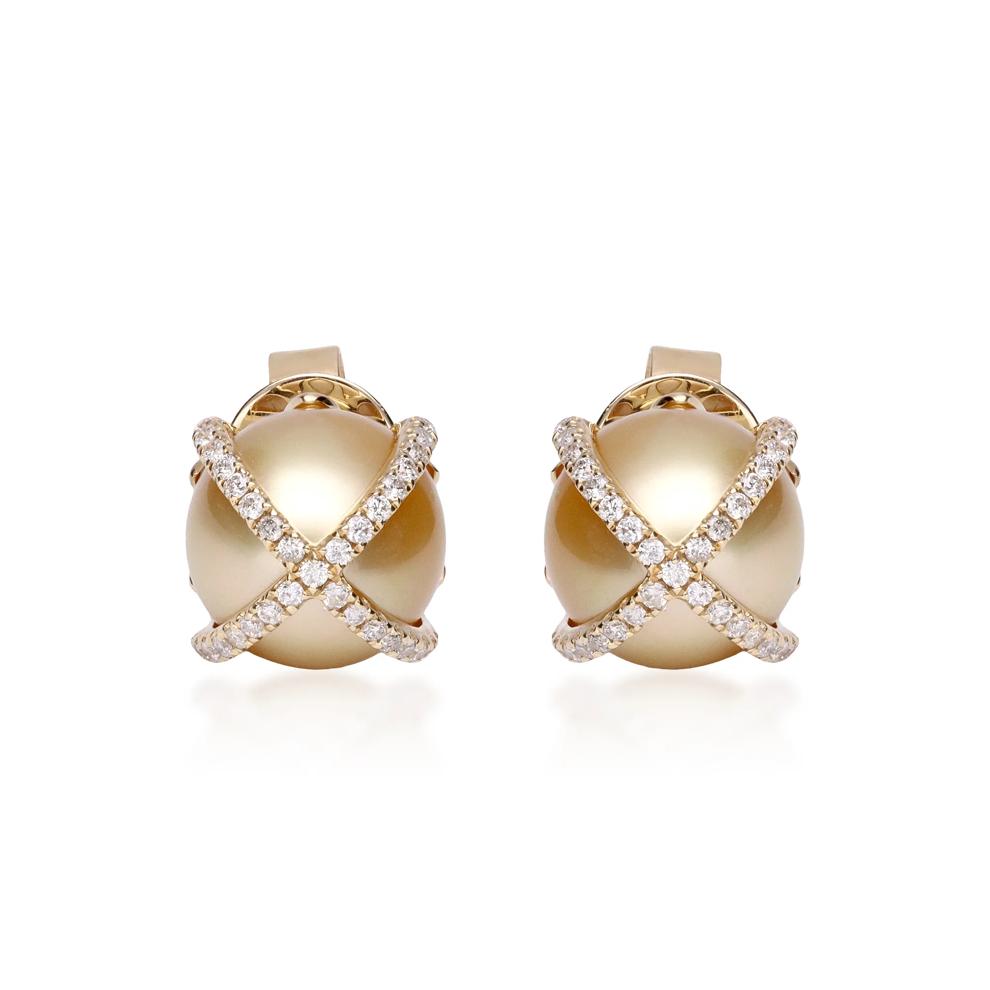 South Sea Pearl &amp; Diamond Cross Stud Earrings in 14K Yellow Gold (3/8 ct. tw.) – Image 2 of 3