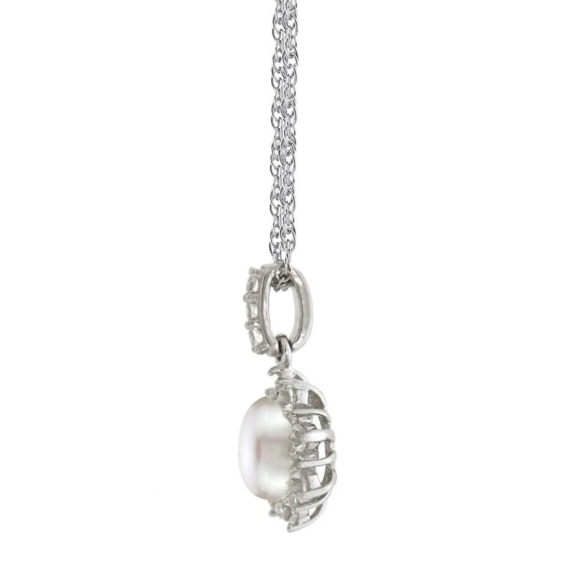 Freshwater Pearl &amp; Lab Created White Sapphire Pendant, Earrings &amp; Ring Boxed Set in Sterling Silver – Image 3 of 8