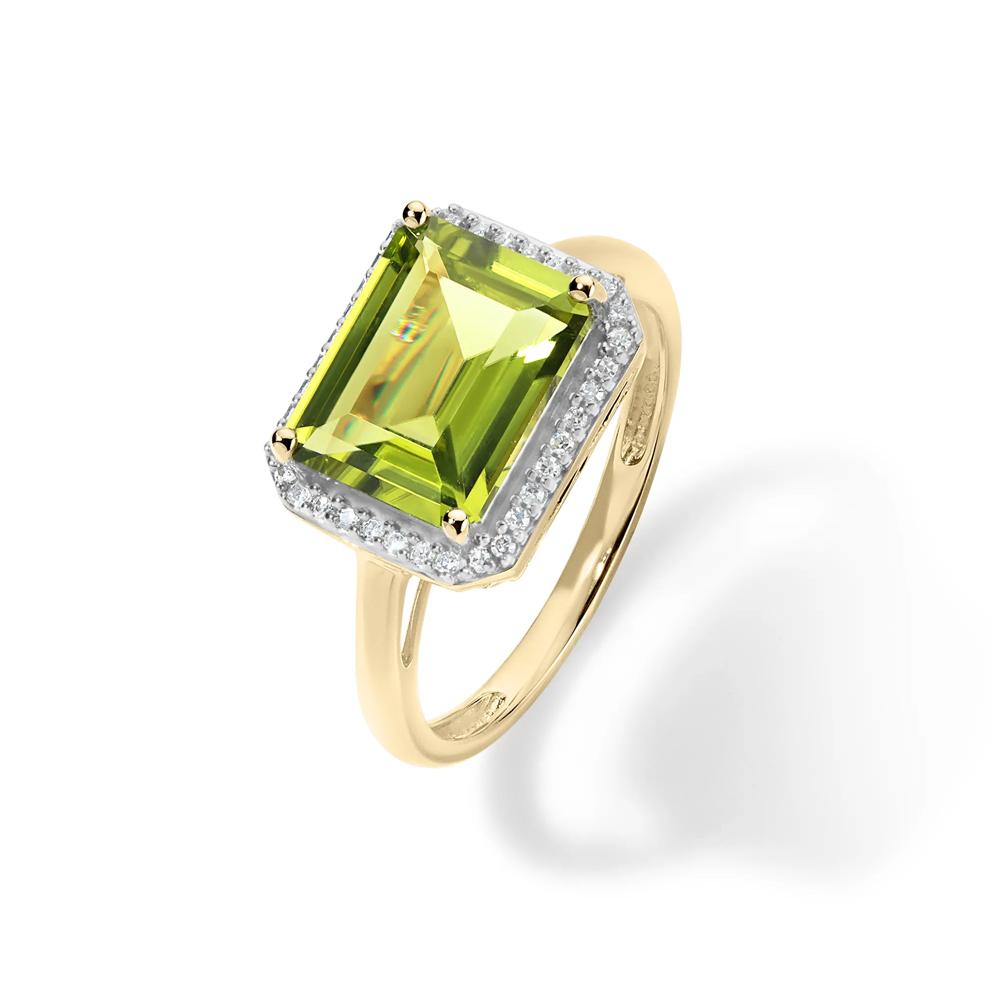 Emerald-Cut Peridot &amp; Diamond Halo Ring in 10K Yellow Gold (1/10 ct. tw.) – Image 4 of 4