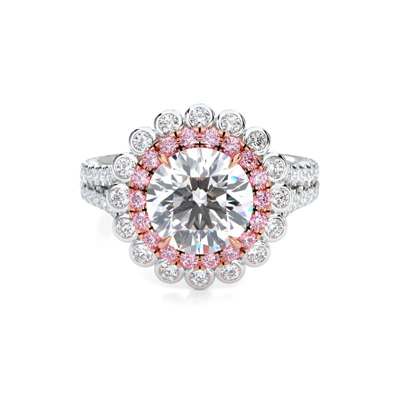 Lab Grown Diamond Bezel Halo Pink &amp; White Engagement Ring in Platinum &amp; 18K Rose Gold &#40;2 1/2 ct. tw.&#41; – Image 1 of 5