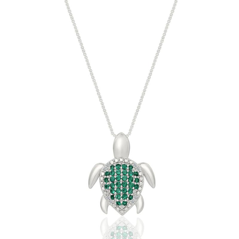 Lab-Created Emerald and Diamond Accent Turtle Pendant in Sterling Silver – Image 1 of 3