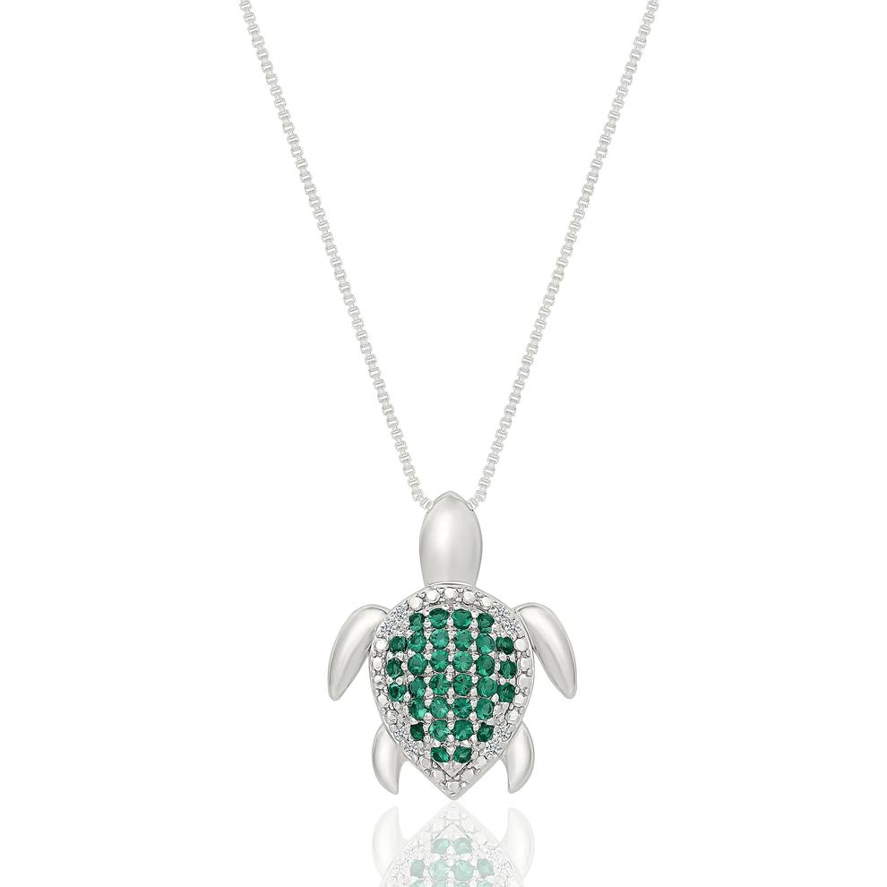 Lab-Created Emerald and Diamond Accent Turtle Pendant in Sterling Silver – Image 1 of 3