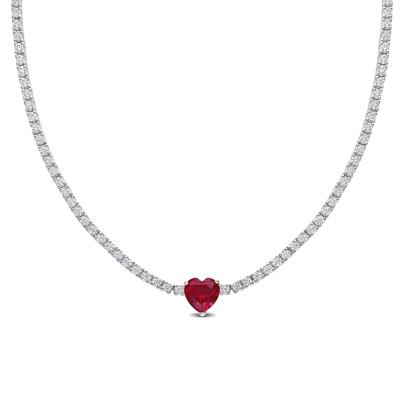 Lab Created White Sapphire and Lab Created Ruby Heart Necklace in Sterling Silver