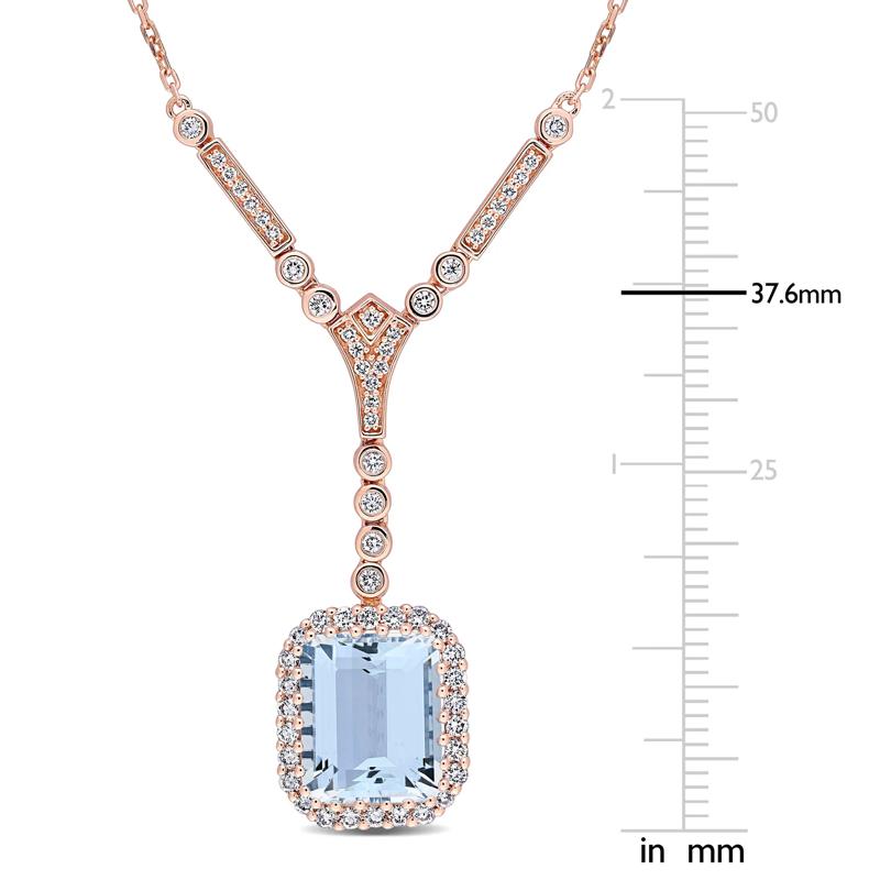 Aquamarine and Diamond Halo Drop Necklace in 14K Rose Gold &#40;5/8 ct. tw.&#41; – Image 2 of 5