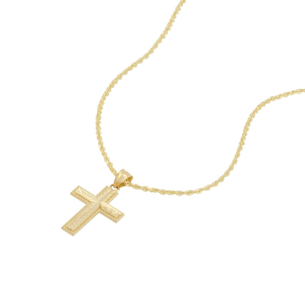 Chevron Beaded Cross Pendant Necklace in 10K Yellow Gold – Image 3 of 4