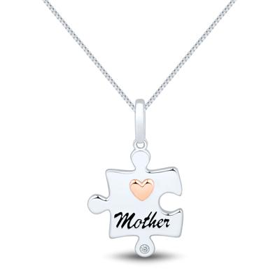 Mother Puzzle Piece Diamond Accent Pendant in Sterling Silver & 14K Rose Gold
