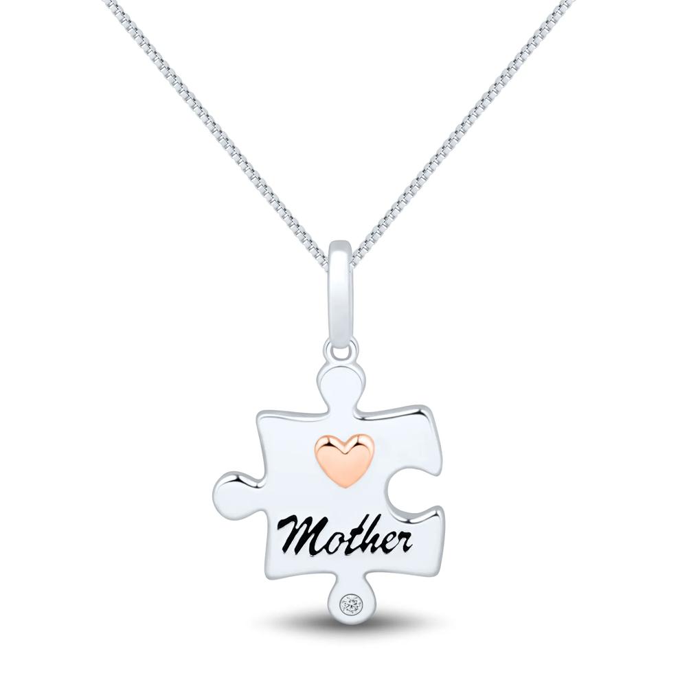 Mother Puzzle Piece Diamond Accent Pendant in Sterling Silver &amp; 14K Rose Gold – Image 1 of 3