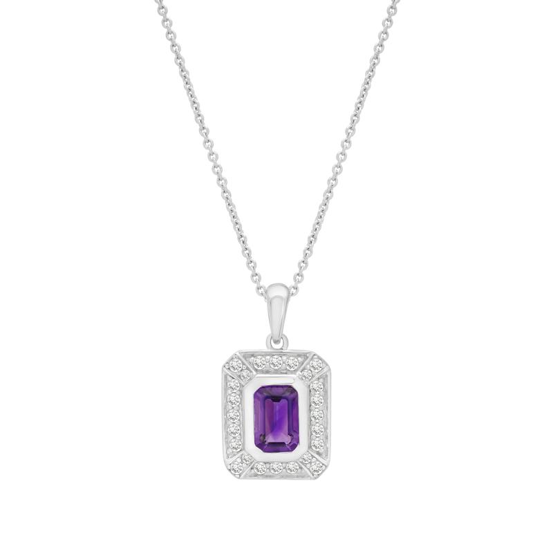Purple Amethyst &amp; Lab-Created White Sapphire Halo Pendant Necklace in Sterling Silver – Image 1 of 4