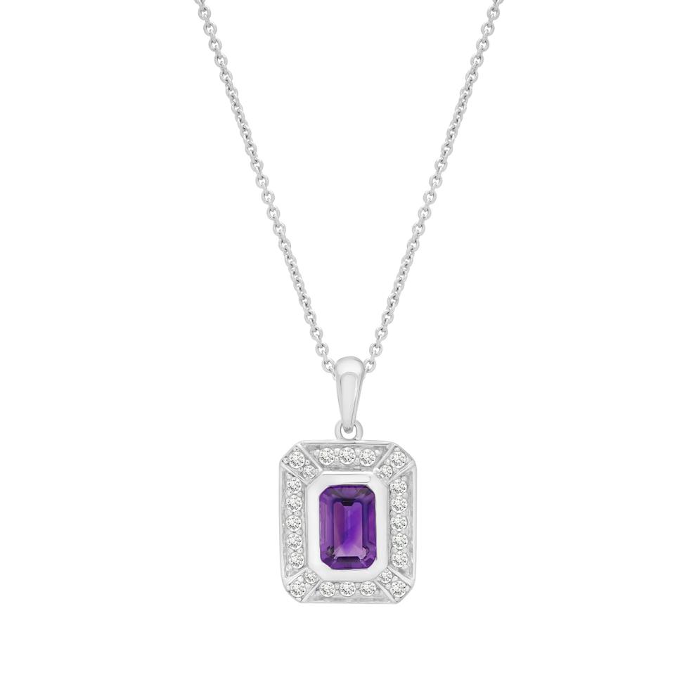 Purple Amethyst &amp; Lab-Created White Sapphire Halo Pendant Necklace in Sterling Silver – Image 1 of 4