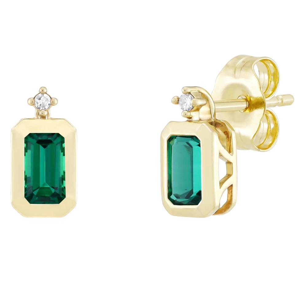 Emerald-Cut Lab-Created Emerald and Diamond Accent Bezel Earrings in 10K Yellow Gold – Image 1 of 1