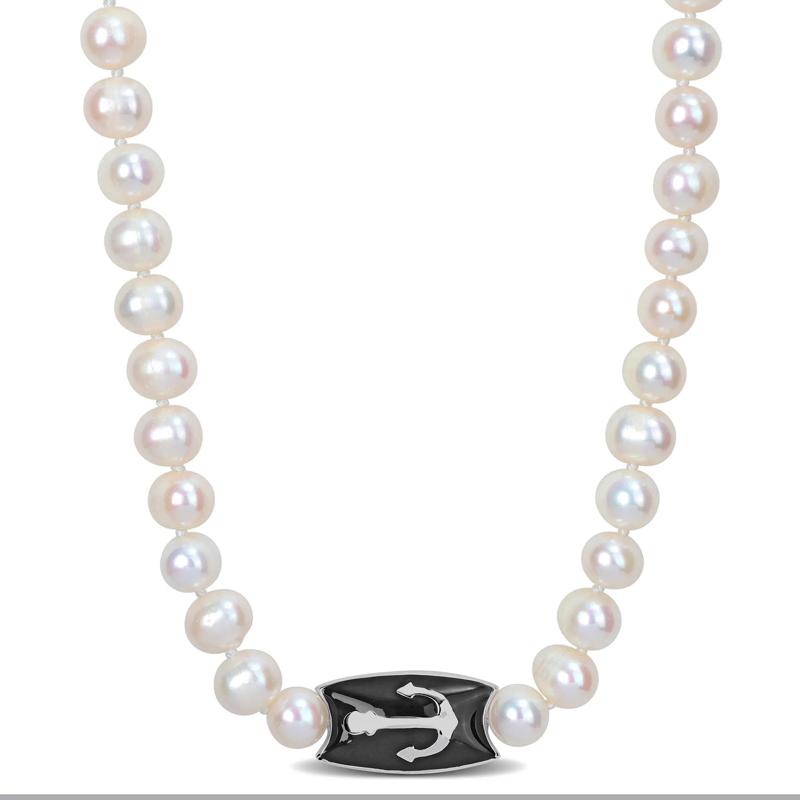 Men&#39;s White Bleached Freshwater Cultured Pearl Necklace in Sterling Silver – Image 1 of 5