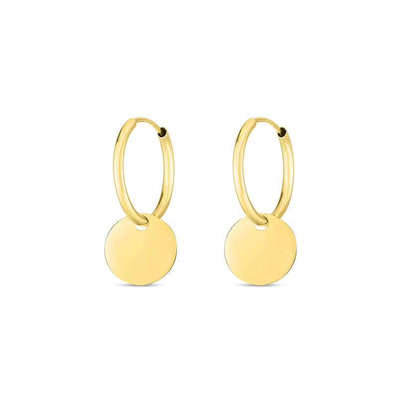 Round Disc Drop Hoop Earrings in 14K Yellow Gold – Image 3 of 3