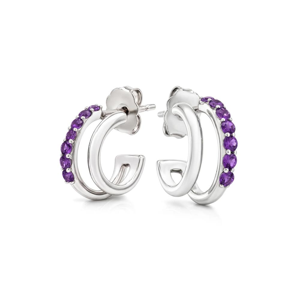 Amethyst Double Row Huggie Hoop Earrings in Sterling Silver – Image 1 of 2