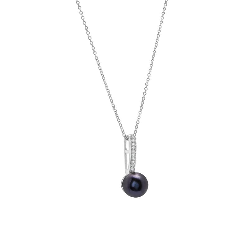 Black Pearl and Lab-Created White Sapphire Drop Pendant in 10K White Gold – Image 2 of 4