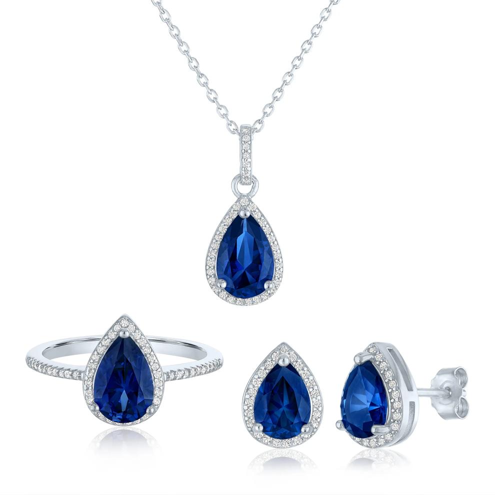 Blue Sapphire and Lab-Created White Sapphire Ring, Earring and Pendant Box Set in Sterling Silver – Image 1 of 3