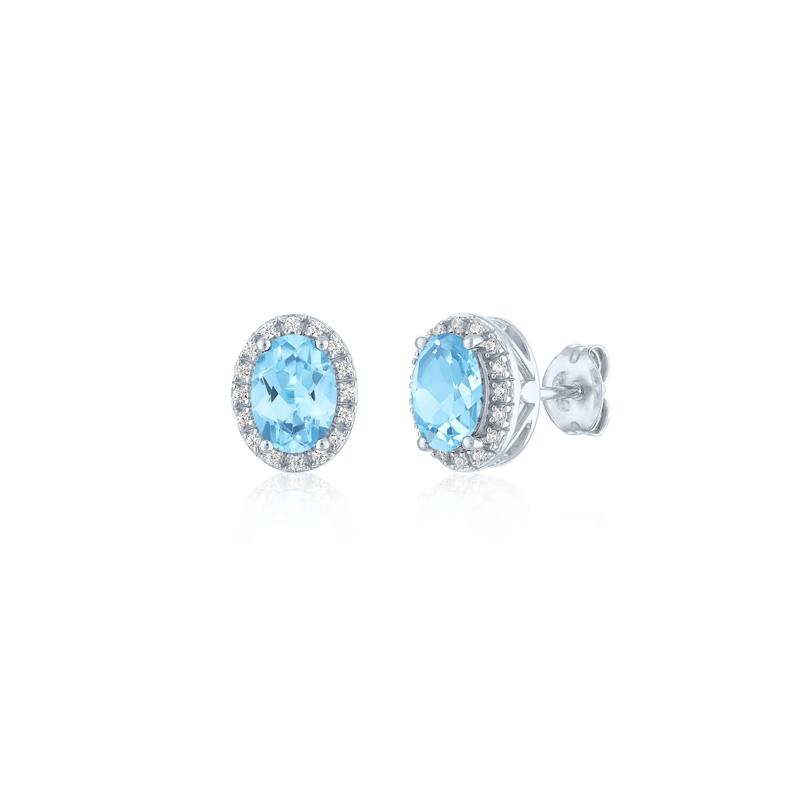 Swiss Blue Topaz and Diamond Halo Earrings in Sterling Silver &#40;1/10 ct. tw.&#41; – Image 1 of 1