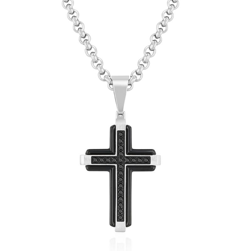 Black Diamond Cross Pendant with Black Ion-Plated Stainless Steel &#40;1/7 ct. tw.&#41; – Image 1 of 3