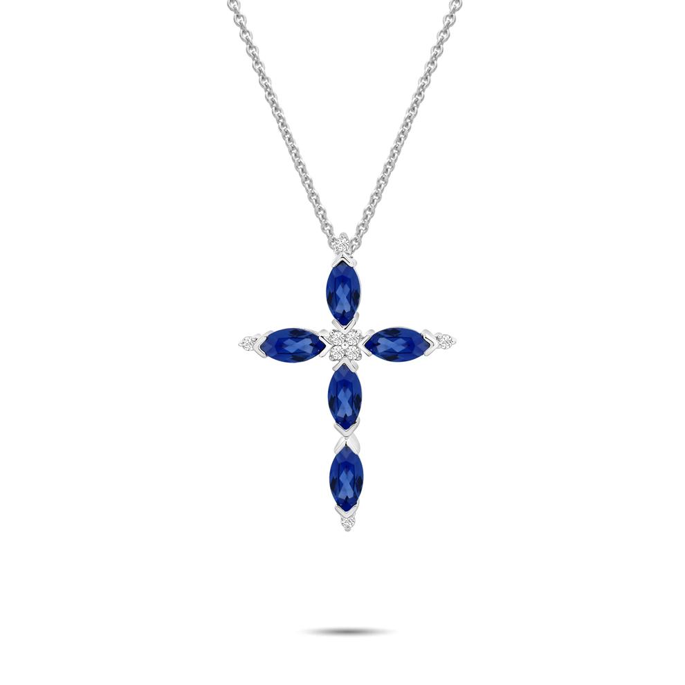 Lab-Created Blue Sapphire &amp; Diamond Accent Cross Pendant in Sterling Silver – Image 1 of 4