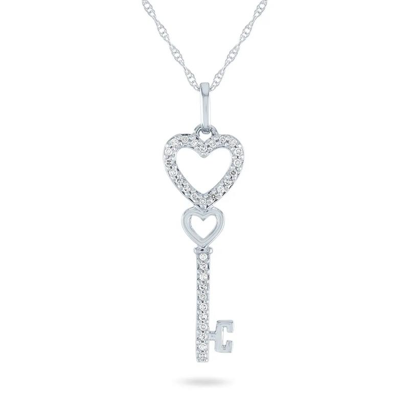 Diamond Heart Key Pendant in 10K White Gold – Image 1 of 2