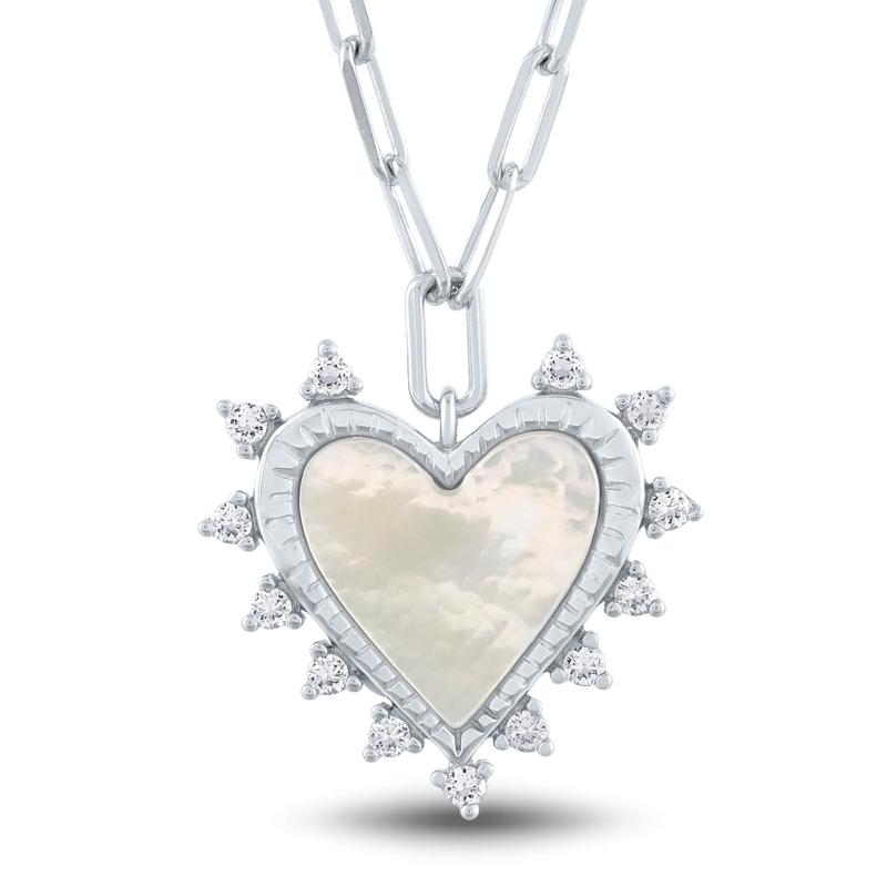 Mother of Pearl and Lab-Created White Sapphire Heart Burst Pendant in Sterling Silver – Image 1 of 3