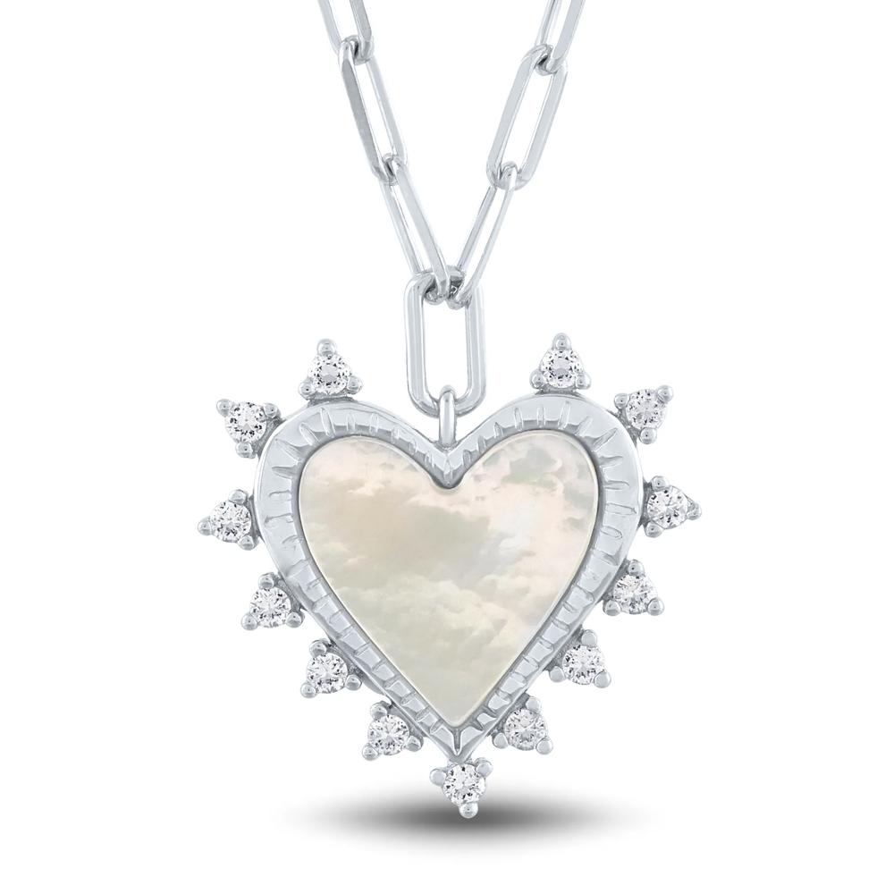 Mother of Pearl and Lab-Created White Sapphire Heart Burst Pendant in Sterling Silver – Image 1 of 3