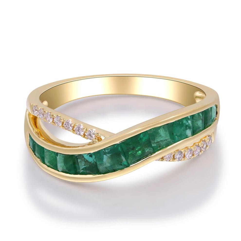 Princess-Cut Emerald &amp; Round Diamond Crossover Ring in 10K Yellow Gold (1/10 ct. tw.) – Image 1 of 5