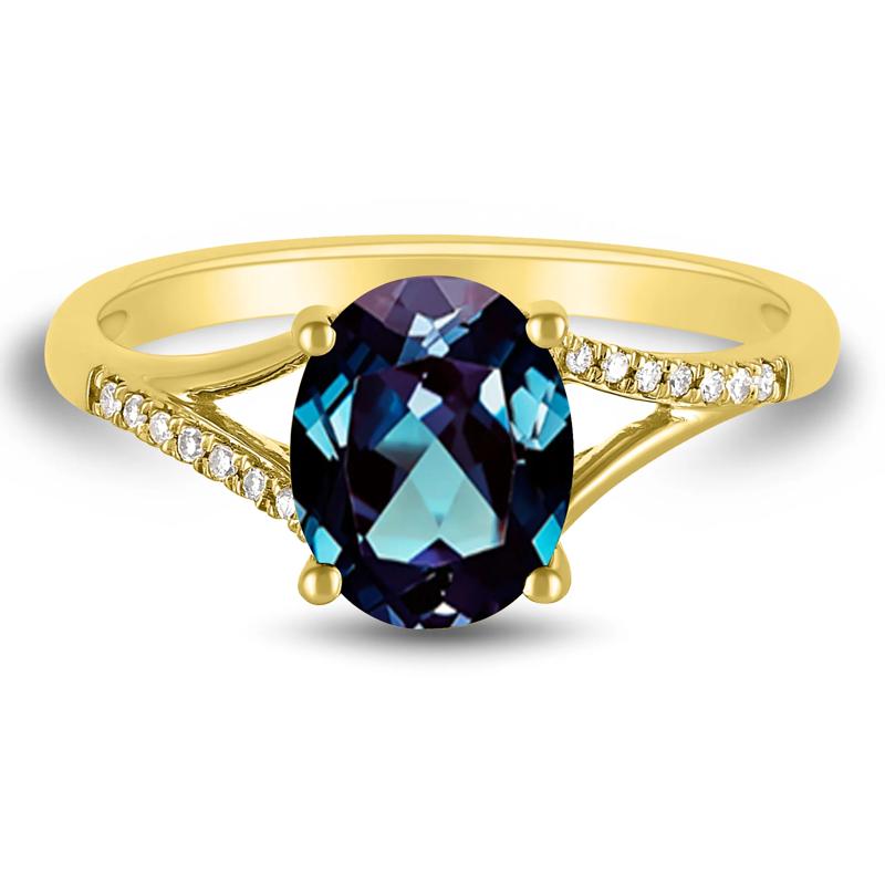 Oval Lab-Created Alexandrite Ring with Diamond Accents in 10K Yellow Gold – Image 1 of 3