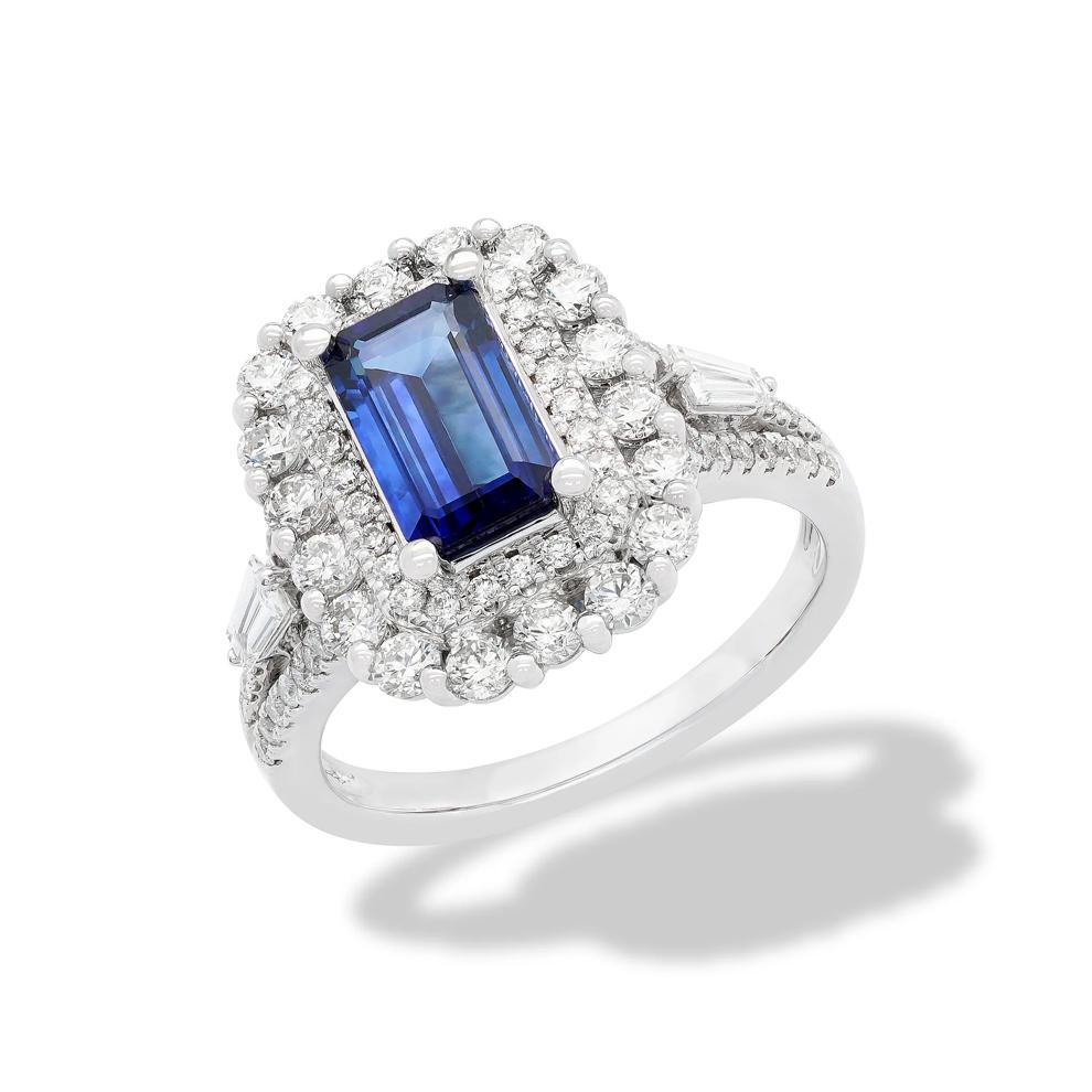Blue Sapphire &amp; Diamond Halo Ring in 18K White Gold (1 ct. tw.) – Image 2 of 2