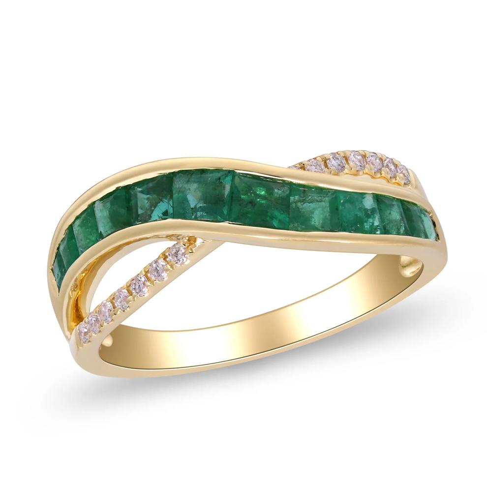 Princess-Cut Emerald &amp; Round Diamond Crossover Ring in 10K Yellow Gold (1/10 ct. tw.) – Image 4 of 5