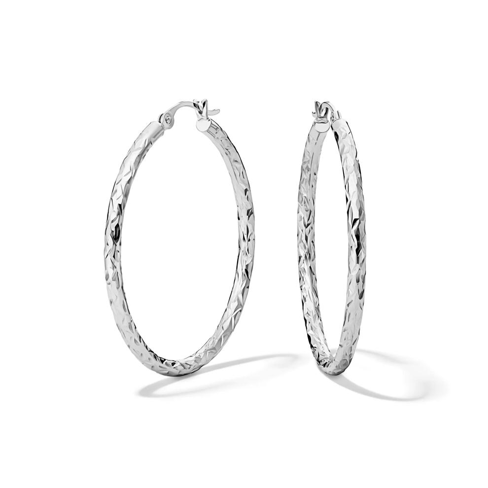 Diamond-Cut Hoop Earrings in 14K White Gold – Image 1 of 2