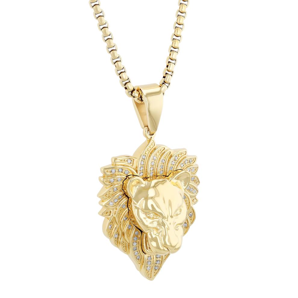 Diamond Lion Head Pendant in Yellow Gold-Tone Ion-Plated Stainless Steel (1/4 ct. tw.) – Image 2 of 4