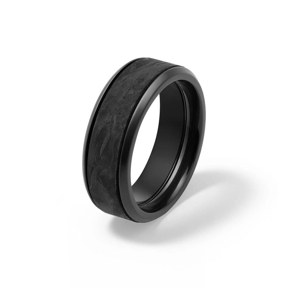 Men&rsquo;s Forged Carbon Inlay Wedding Band with Black Cerakote Accents in Black Zirconium, 8mm – Image 4 of 5