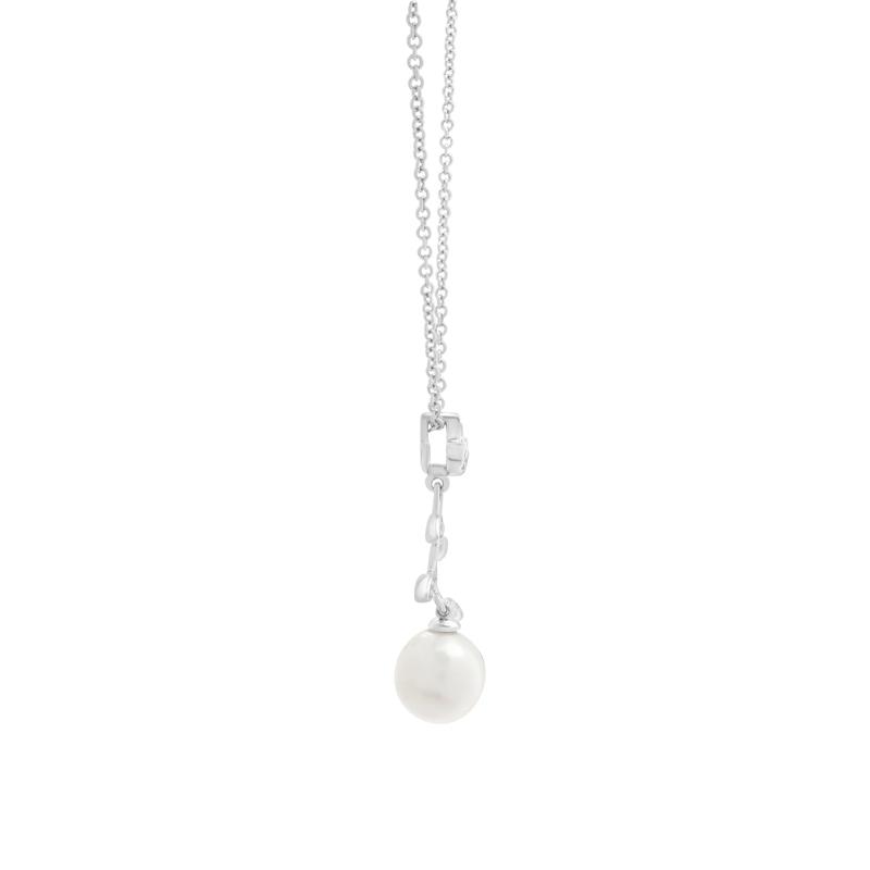 Freshwater Cultured Pearl and Diamond Accent Leaf Drop Pendant in Sterling Silver – Image 2 of 4