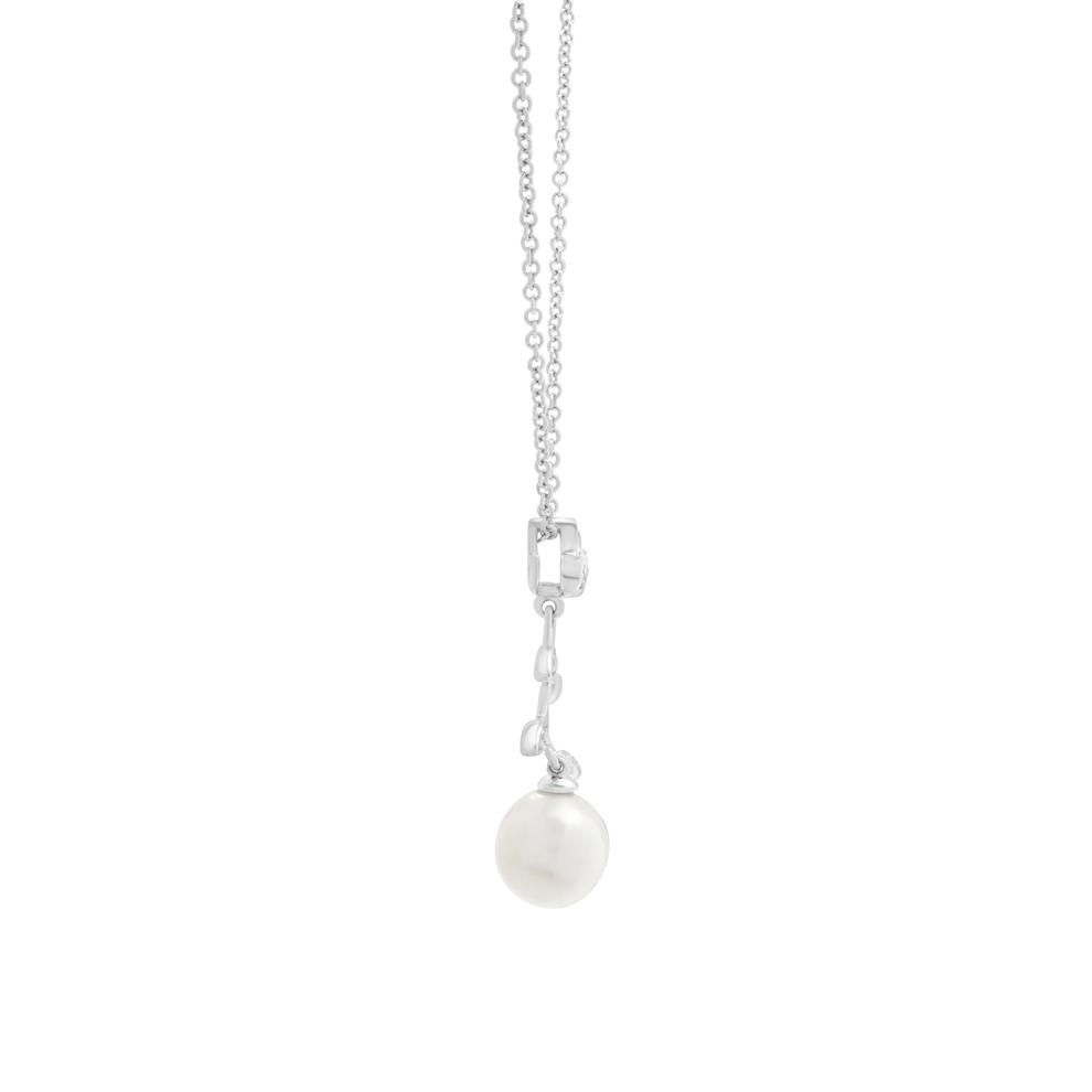 Freshwater Cultured Pearl and Diamond Accent Leaf Drop Pendant in Sterling Silver – Image 2 of 4