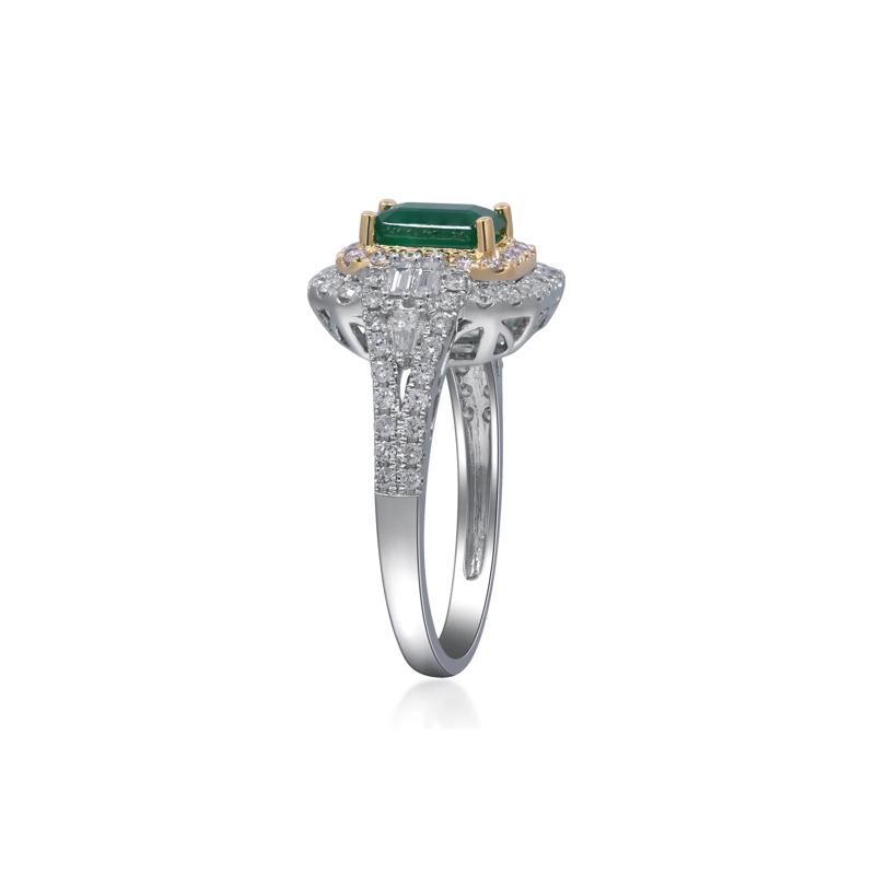 Emerald and Diamond Halo Ring in Two-Tone 14K White &amp; Yellow Gold &#40;3/4 ct. tw.&#41; – Image 3 of 5
