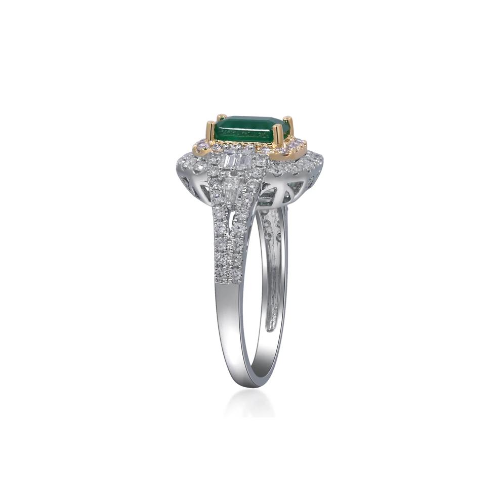 Emerald and Diamond Halo Ring in Two-Tone 14K White &amp; Yellow Gold (3/4 ct. tw.) – Image 3 of 5