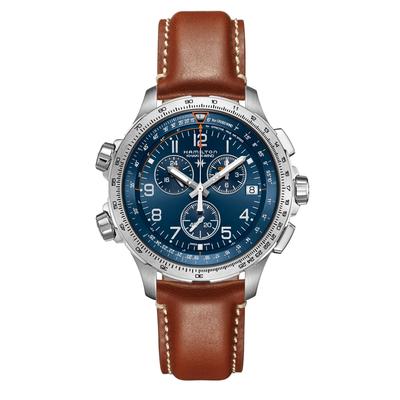 Men's Khaki Aviation X-Wind GMT Chrono Watch with Brown Leather Strap