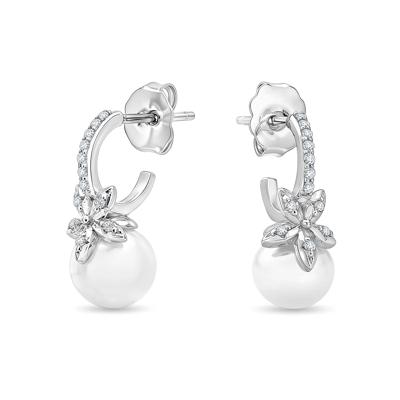 Freshwater Cultured Pearl & Diamond Floral Hoop Earrings in Sterling Silver (1/10 ct. tw.)