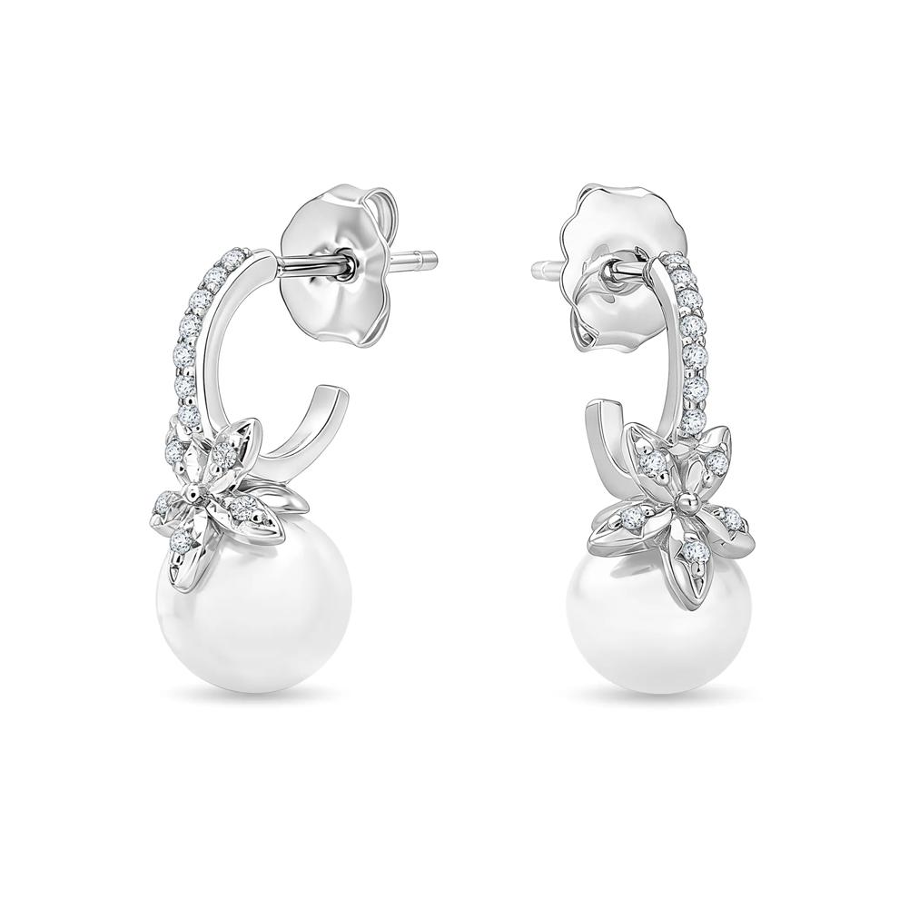 Freshwater Cultured Pearl &amp; Diamond Floral Hoop Earrings in Sterling Silver (1/10 ct. tw.) – Image 1 of 2