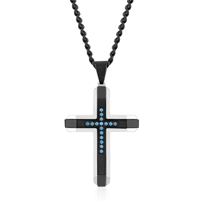 Men&#39;s Ion-Plated Stainless Steel Cross with Blue Diamonds &#40;1/10 ct. tw.&#41; – Image 1 of 3