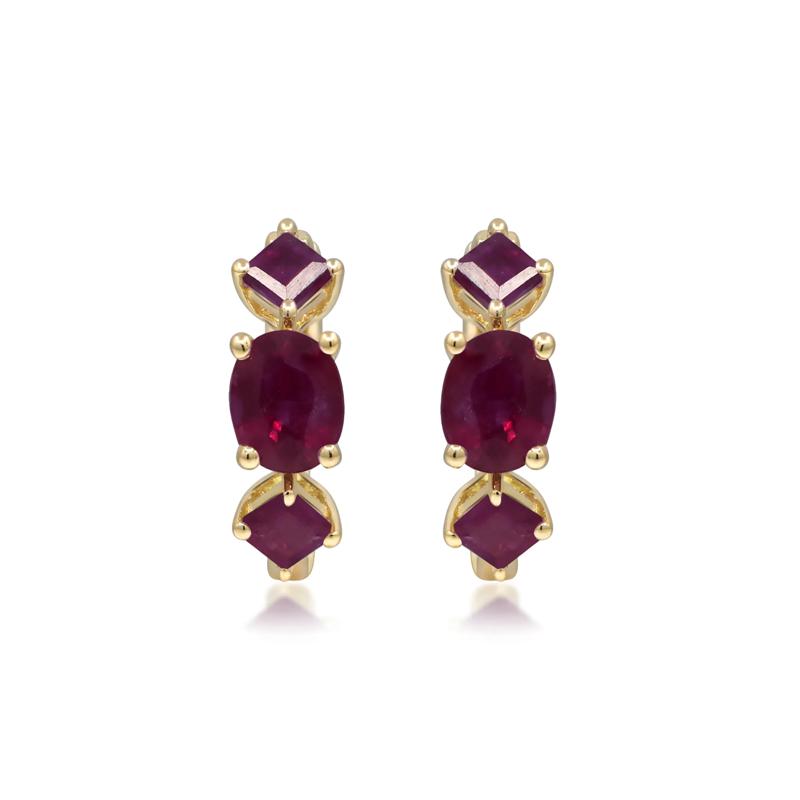 Oval and Square Ruby Huggie Hoop Earrings in 10K Yellow Gold – Image 2 of 3