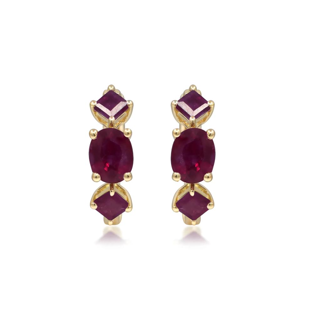 Oval and Square Ruby Huggie Hoop Earrings in 10K Yellow Gold – Image 2 of 3