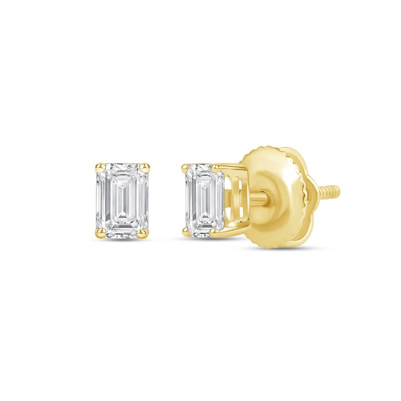 Lab Grown Diamond Emerald-Cut Solitaire Stud Earrings in 14K Yellow Gold (1/2 ct. tw.) – Image 1 of 3