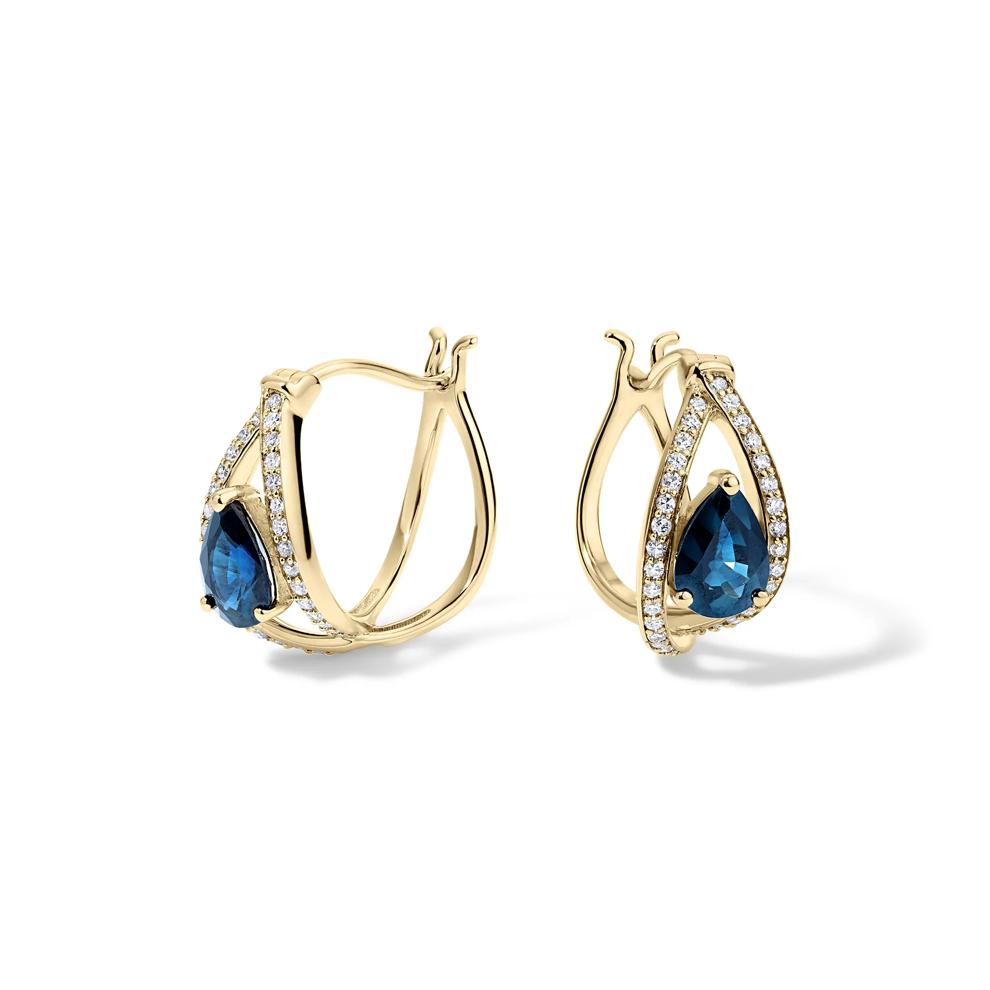Pear-Shaped Blue Sapphire &amp; Diamond Hoop Earrings in 14K Yellow Gold (1/4 ct. tw.) – Image 1 of 2