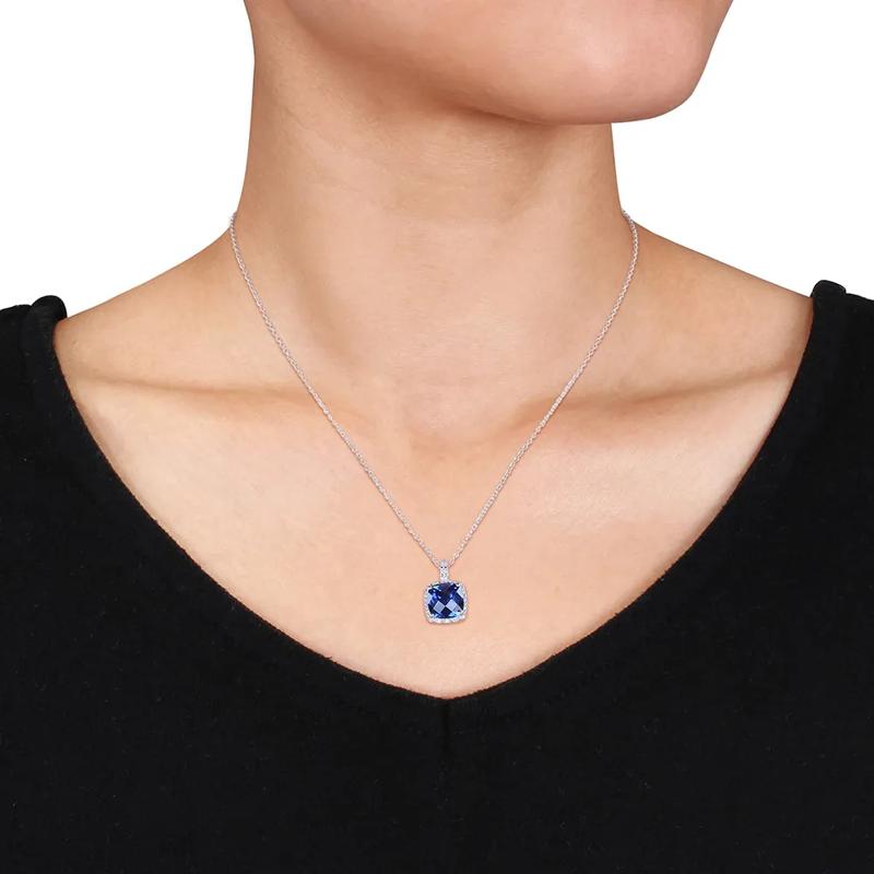 Lab Created Blue Sapphire &amp; Diamond Pendant in Sterling Silver – Image 3 of 3