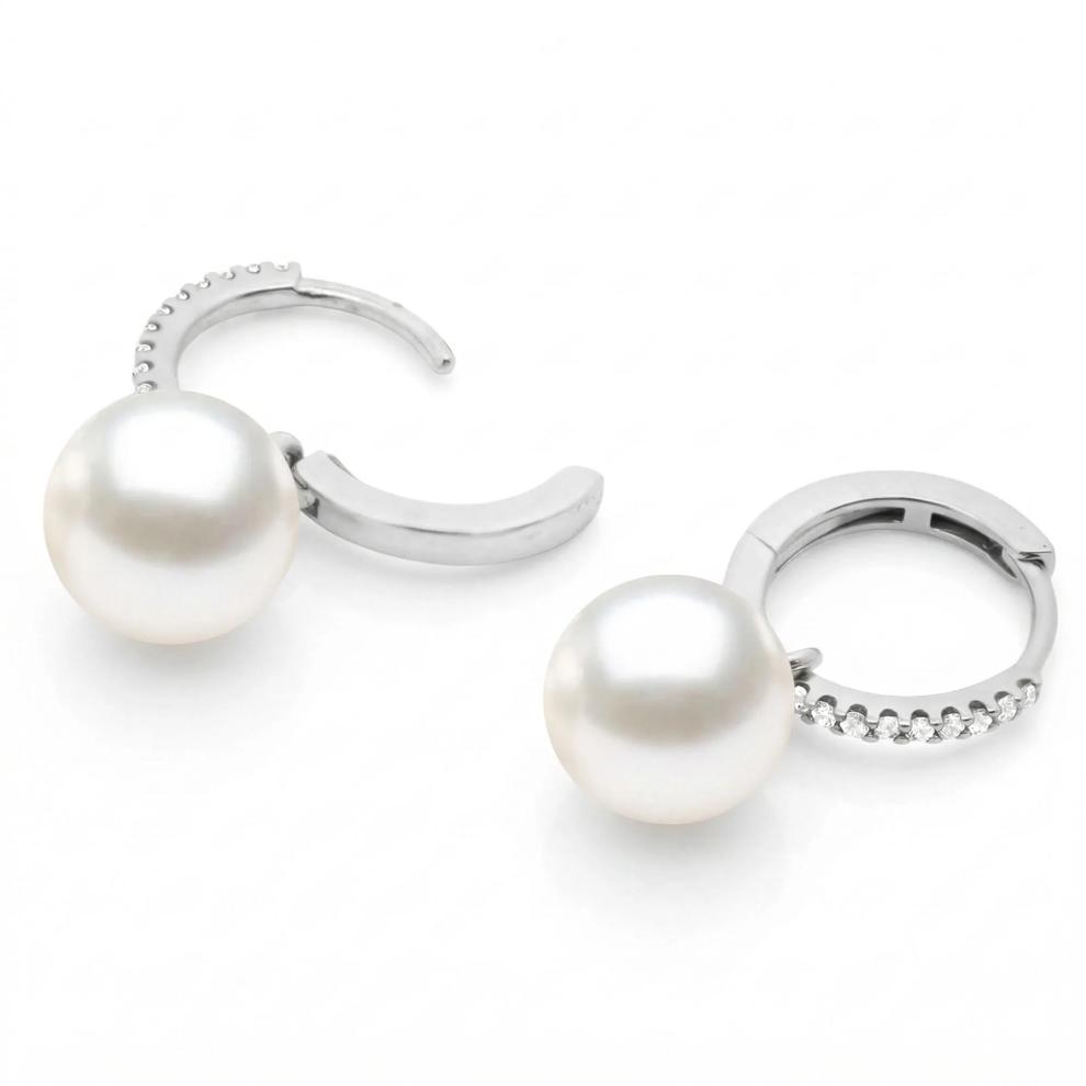 Freshwater Cultured Pearl &amp; Diamond Hoop Drop Earrings in 10K White Gold (1/8 ct. tw.) – Image 2 of 2