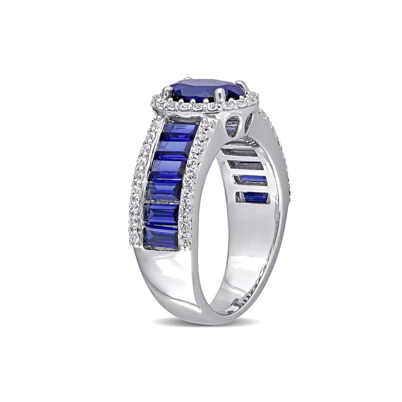 Oval Lab Created Blue &amp; White Sapphire Halo Ring in Sterling Silver – Image 3 of 5